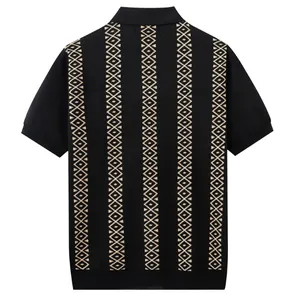 Back view of men's short-sleeve knit Polo shirt with vertical jacquard diamond pattern