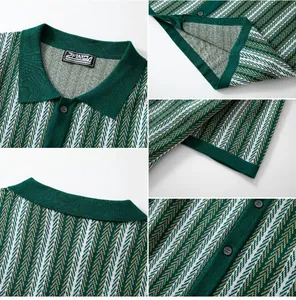 Detailed views showing the collar, buttons, and texture of this retro striped green knit polo shirt