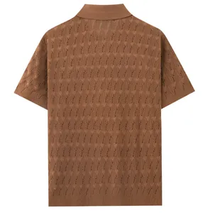 Back view of brown men's short-sleeve knit Polo with breathable hollow leaf jacquard