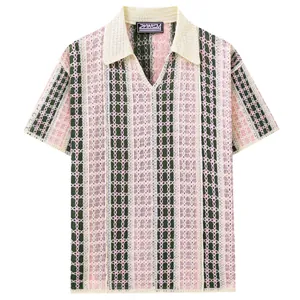 Polo en maille crochetée à rayures pour hommes, coupe décontractée et col en V vintage