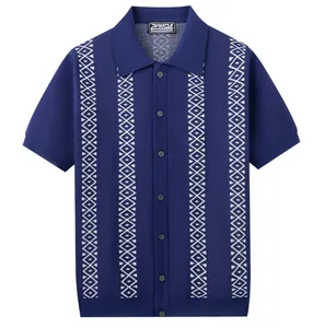 Detailed front view of men's knit polo shirt featuring vertical geometric patterns