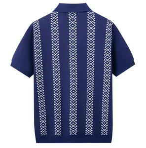 Back view of a men's navy blue knit polo shirt with white geometric diamond patterns