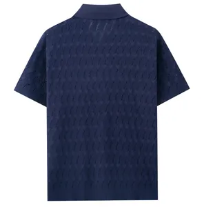 Back view of navy blue knitted polo shirt with breathable diamond hollow out pattern