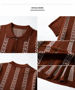 Macro view of brown knitted polo shirt showing geometric jacquard and button details