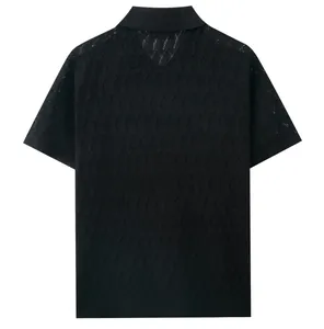 Detailed back view of black men's knit polo shirt featuring breathable diamond jacquard