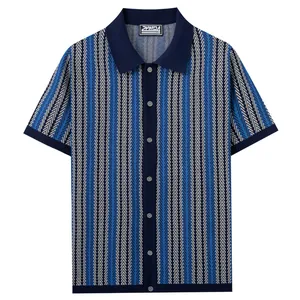 Men's retro vertical striped jacquard knit polo shirt, short sleeve button-up cardigan