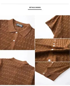 Detail macro view of brown diamond jacquard knitted short-sleeve polo cardigan