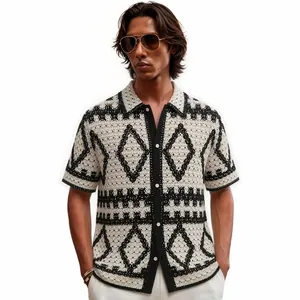 Men's stylish contrast diamond crochet hollow knit short sleeve polo shirt for summer
