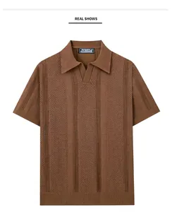 Detailed studio shot of a men's brown hollow-out knit Polo shirt featuring a lapel collar