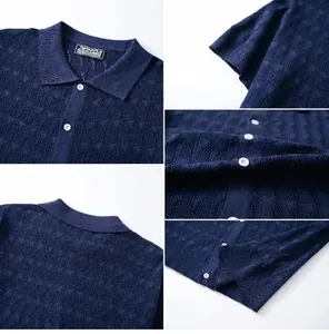 Detailed views of navy blue diamond jacquard knit polo shirt with breathable texture.