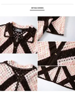 Gros plan détaillé montrant la texture en maille crochetée d'un polo pour homme à losanges