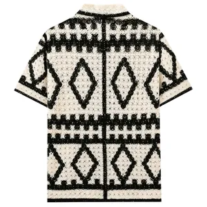 Vintage contrast color diamond lattice crochet hollow knit polo shirt for summer casual wear