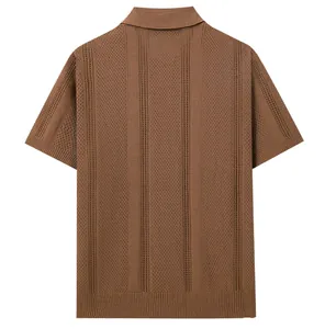 Detailed back view of men's brown hollow-out knit polo shirt with vertical stripes