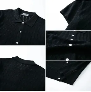 Detailed macro shots showing the diamond jacquard knit and buttons of the men's polo shirt.