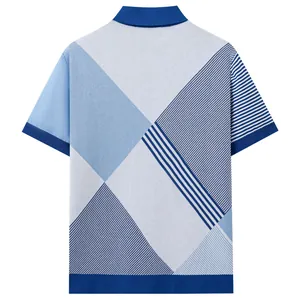Men's stylish geometric color-block knit Polo shirt with short sleeves in blue and white.