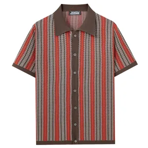 Men's retro striped jacquard knit polo shirt with vertical pattern and button cardigan style.