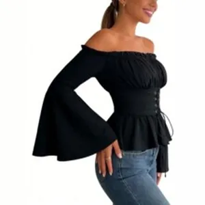 Detail of a chic black off-shoulder top with flared sleeves and lace-up corset waist