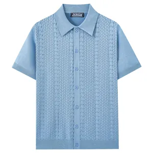 Men's Summer Solid Viscose Knitted Hollow Short Sleeve Polo Shirt Casual Business Lapel Button Cardigan Breathable Knitwear Top