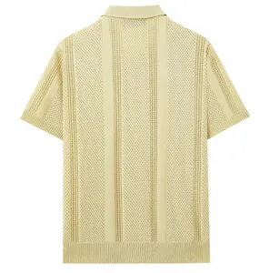 Detailed back view of men's pale yellow hollow-out knit polo shirt showing mesh texture