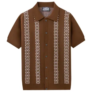 Men's brown short sleeve knit polo shirt with vertical geometric jacquard stripes and buttons