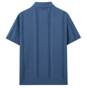Detailed back view of a blue men's knit polo shirt featuring vertical open-knit patterns.