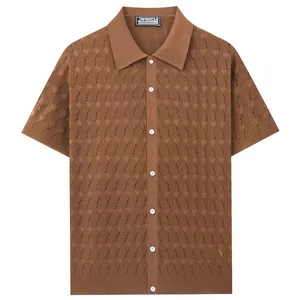 Men's Summer Hollow Out Diamond Jacquard Knit Polo Shirt Short Sleeve Button Down Casual Cardigan Breathable Viscose Top