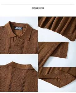 Detailed macro views of brown hollow-out knitted polo shirt texture and collar