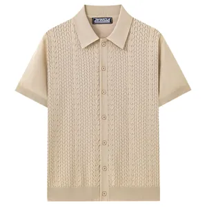 Men's summer short-sleeved hollow-out knit polo cardigan in beige casual business style