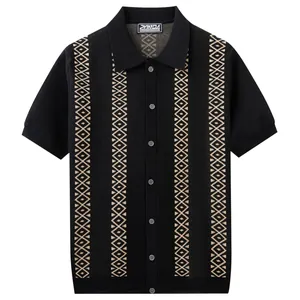 Men's black knit polo shirt with vertical jacquard stripes and button closure