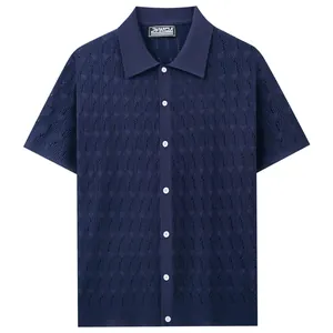 Classic men's navy blue short-sleeve knit polo shirt with diamond jacquard hollow-out texture
