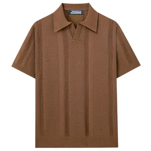 Men's casual brown hollow knit polo shirt with solid color lapel and short sleeves