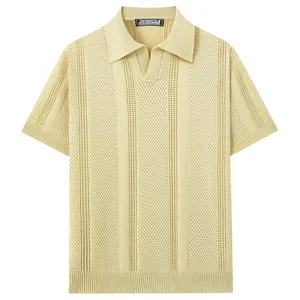 Men's hollow-out knitted polo shirt with textured vertical stripes and lapel collar