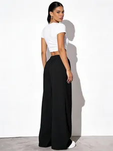 Textured black wide-leg trousers with high waist and floor-length casual design