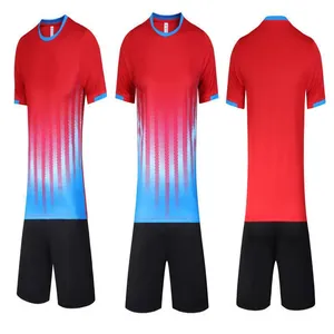 Detailed view of red and blue gradient soccer uniform set featuring breathable sports shorts
