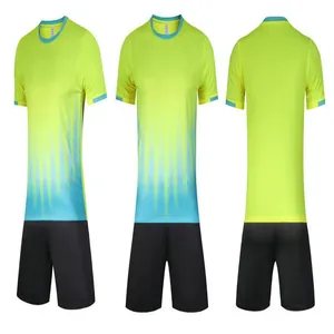 Detailed views of neon yellow and blue gradient football jersey with black shorts kit