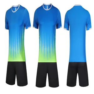 Professional gradient blue and lime green soccer jersey set with black shorts for training