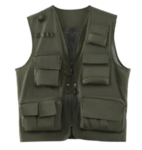 Detailed front view of a multi-pocket olive green outdoor fishing utility vest with zippers