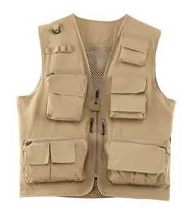High-quality khaki multi-pocket outdoor utility vest with breathable mesh lining detail