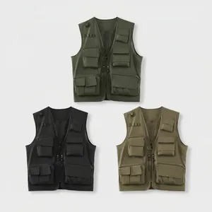 Outdoor multi-pocket utility vests in black, green, and khaki for fishing and travel