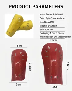 Detailed specifications and dimensions for soccer shin guards in adult and youth sizes.