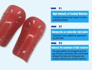Detailed view of red football shin guards explaining impact protection and safety features.