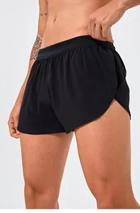 Men's black quick-dry running shorts with side split and double-layer design for training
