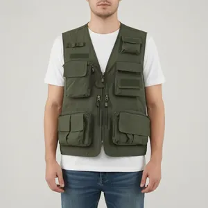 Dark green multi-pocket utility vest for men, ideal for fishing and outdoor photography