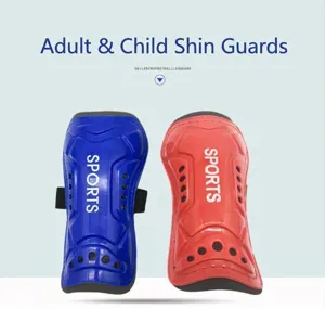 Professional blue and red football shin guards showing impact resistant EVA padding detail