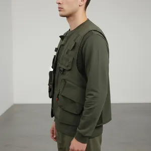 Side view of olive green multi-pocket utility fishing vest with functional gear details