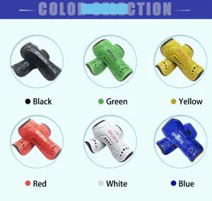Detail view showing six color options of professional soccer shin guards for match training