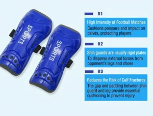 Close-up of durable blue soccer shin guards featuring shock-absorbing EVA foam lining.