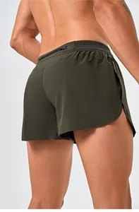 Professional men's olive green quick-dry sports shorts with back zipper pocket detail