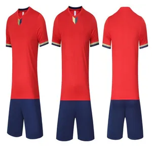 Detailed view of red and blue quick-dry soccer training uniform set