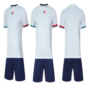 Detailed multi-angle views of white and navy blue quick-dry soccer uniform set